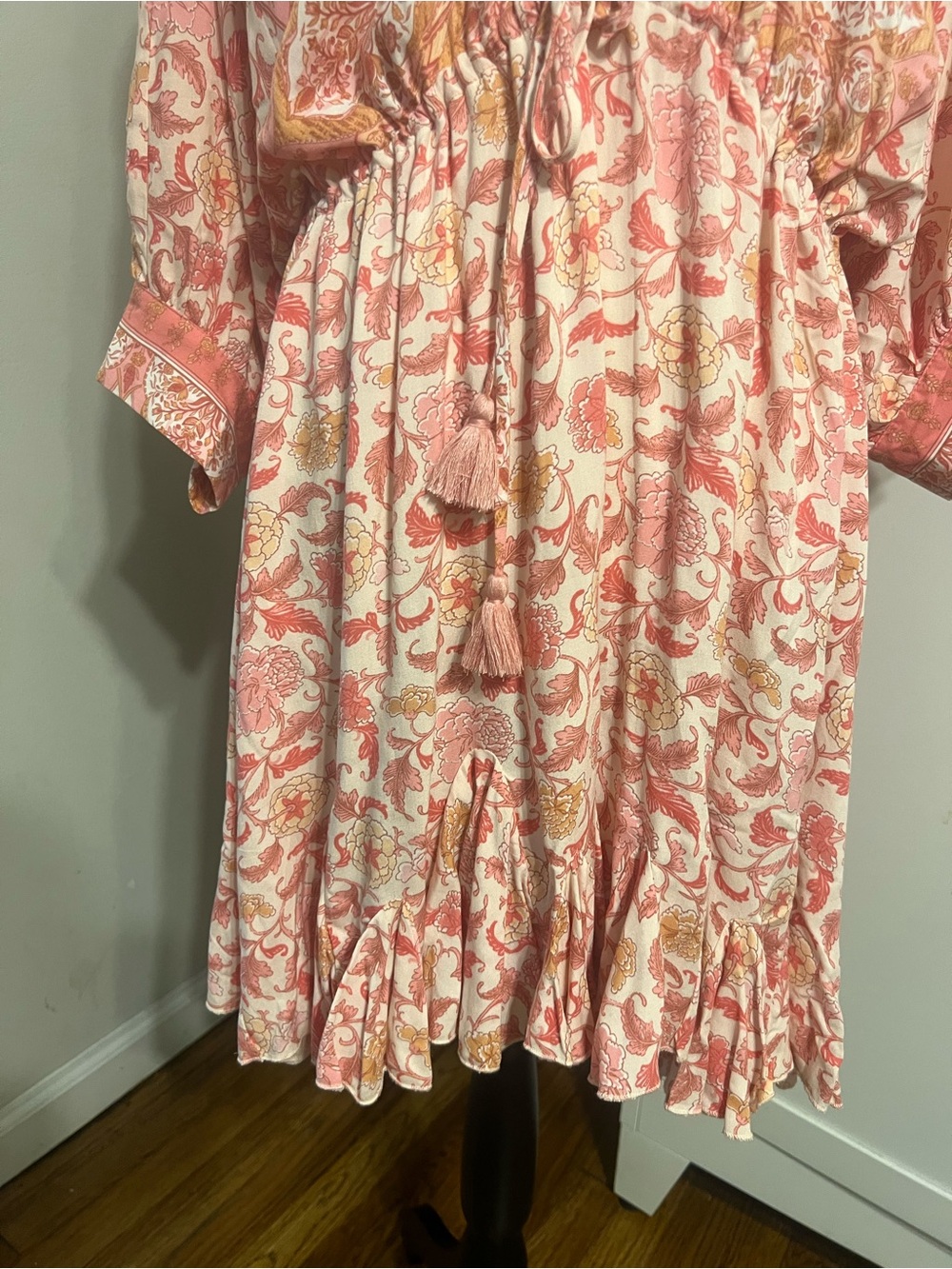 Aakaa Pink Coral Paisley V-Neck Drawstring Mini Dress - Picture 5 of 11